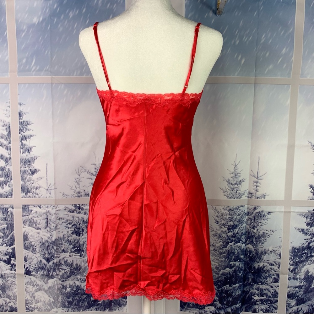 Victoria’s Secret Red Satin Lace Accent Split Babydoll Slip Dress Nightgown - Picture 10 of 14